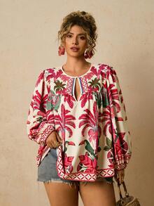 Travachic Plus Size Women Tropical Retro Boho Pattern Long Sleeve Tie Front Blouse Beach Vacation Vacation Vacation Hot Pink Autumn Fall - Pink - View 5