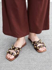 CUCCOO BIZCHIC 女士夏季时尚串珠装饰拖鞋，适合日常休闲度假、海滩休闲穿着，平底凉拖鞋 - 咖啡棕 - 查看 4