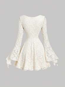 SHEIN MOD 女士纯色蕾丝拼接系带长袖迷你连衣裙 - 米色 - 查看 3