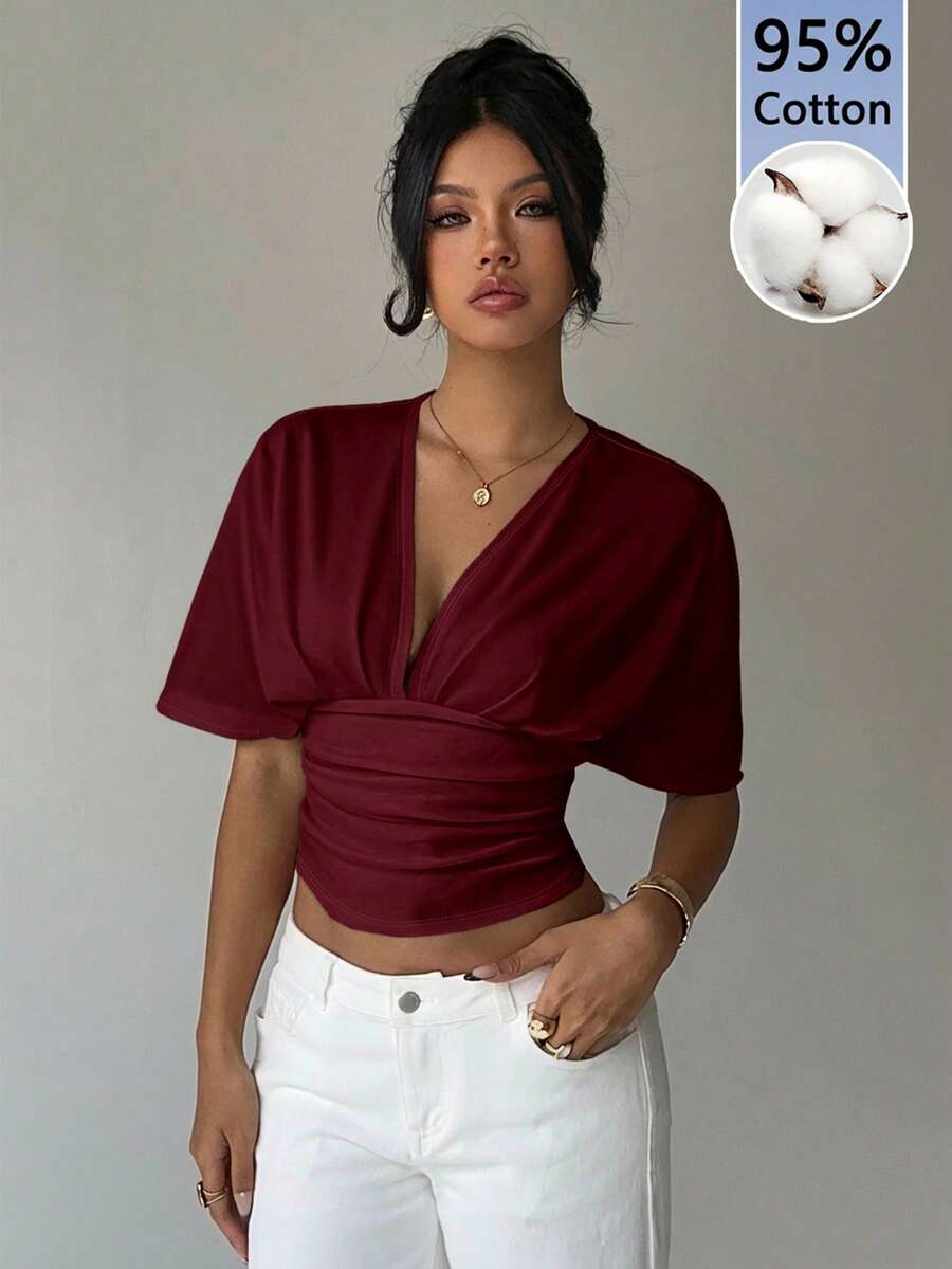 Aloruh Áo thun nữ tay ngắn cổ chữ V sâu, xếp ly, dáng rộng, kiểu quấn, cổ chữ V màu đỏ, áo croptop nữ, áo thường ngày nữ, áo nữ, áo tay ngắn nữ. - Màu Đỏ Sâu - Xem 1