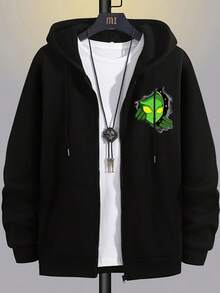 Hombre005 Sudadera con capucha, abierta con cremallera, nueva , ajuste cómodo y adecuado para hombre Chaqueta de capucha negra con cremallera, featuring un patrón de extraterrestre verde en el pecho, perfecta para un estilo casual atractivo - Negro - Ver 1
