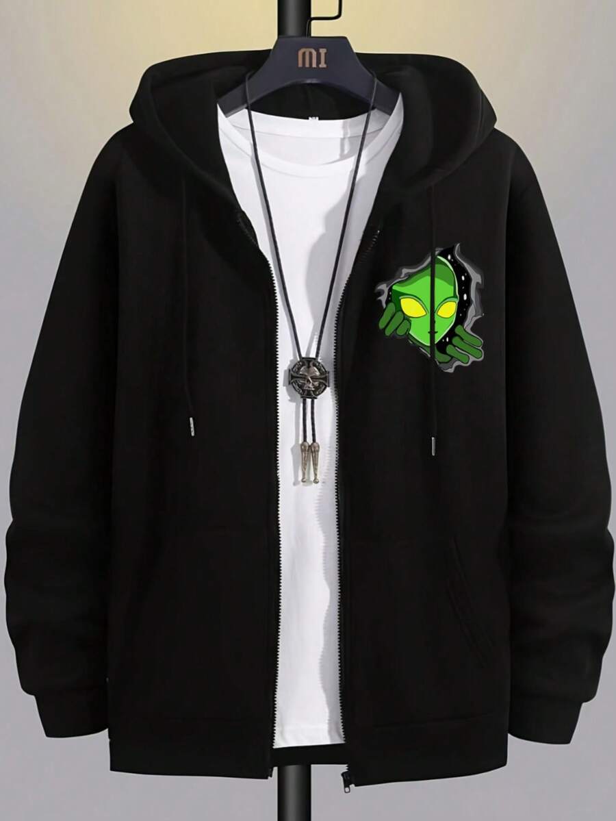 Hombre005 Sudadera con capucha, abierta con cremallera, nueva , ajuste cómodo y adecuado para hombre Chaqueta de capucha negra con cremallera, featuring un patrón de extraterrestre verde en el pecho, perfecta para un estilo casual atractivo - Negro - Ver 1
