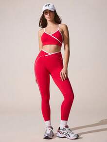 Core Rhythm 2-częściowy damski zestaw do fitnessu sportowego, biustonosz i legginsy, strój do jogi z modnym krzyżującym się wzorem w talii - Czerwony - Zobacz 3