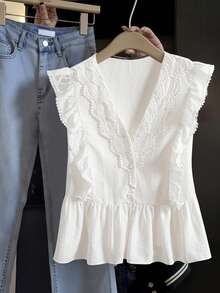 SHEIN LUNE CURVE 大码法式优雅蕾丝边短袖衬衫，休闲、通勤、度假、春夏皆宜 - 白色 - 查看 6