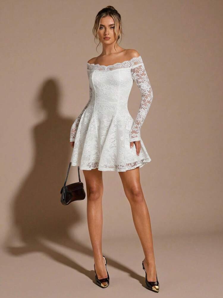 SHEIN BAE فستان ضيق قصير بدون كتف من الدانتيل الأسود، فستان دانتيل أنيق وجذاب للنساء بأكمام طويلة، فستان دانتيل أسود، فستان أسود أنيق وقصير - أبيض - مشاهدة 5