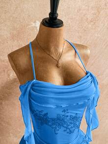 Soleia 女士渐变橙色日落水钻花卉荷叶边迷你连衣裙，适合度假、约会、下午茶、海滩、邮轮、海岛度假、城市旅行、音乐节、波西米亚风度假、派对等场合，可内穿或外穿，沙滩套装 - 藍色 - 查看 3