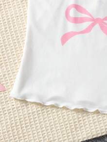 SHEIN 3pcs Tween Girls Casual Knit Pajama Set, Pink Cute Bow Print Camisole, Long Pants & Shorts - Baby Pink - View 7