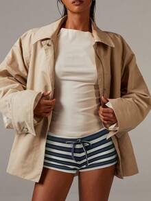 Athîral 女士休闲条纹系带短裤，适合夏季日常穿着 - 灰色 - 查看 3