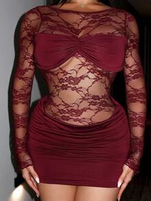 Shopreo Women's Backless Lace Sexy Mini Dress, Wine Red, For Spring/Summer Holiday - Burgundy - View 4