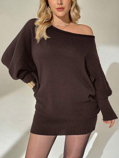 Auralis 大码女装秋冬时尚优雅宽松舒适保暖百搭棕色露肩长袖毛衣连衣裙，冬季连衣裙，秋季穿搭，女士冬装，简约风格，曲线连衣裙