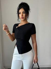 Elenzga Women's Solid Color Metal Decor Ruched Asymmetrical Hem Fashionable Versatile Date Short Sleeve T-Shirt - Black - View 6