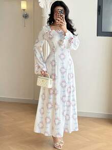 Yasmyna Women's Elegant Floral All-Over Print Arabic Style Dress - Pink - View 4