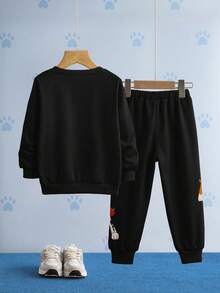 SHEIN | PAW Patrol 2pcs/Set Young Boy Cartoon Puppy Print Crew Neck Long Sleeve Sweatshirt And Long Sweatpants Casual Sports Outfit, Spring/Autumn - Black - View 2