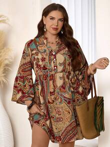 EMERY ROSE Sukienka damska w stylu retro z nadrukiem paisley i rękawami 3/4, w rozmiarze plus size, na wczesną wiosnę