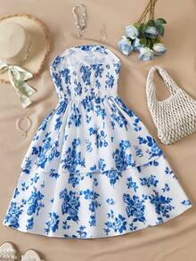 Sparklyn Teen GirlBlue Ruched Waist Layered Ruffle Hem Mini Dress, Vacation Style Holiday Outfit - Blue - View 2