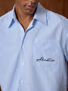 AKNOTIC Men's Striped Letter Print Pocket Casual Commuter Short Sleeve Shirt - Blue and White - View 4