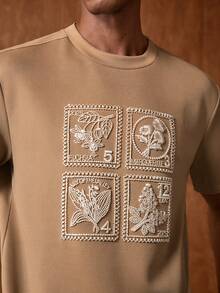 AKNOTIC 男士花卉刺绣图案休闲日常通勤短袖T恤 复古男士印花棕褐色印花T恤 男士米色印花T恤 - 卡其色 - 查看 3