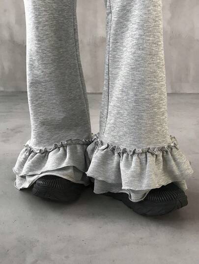 FRIFUL Women's Solid Color Elastic Waist Ruffle Hem Casual Pants