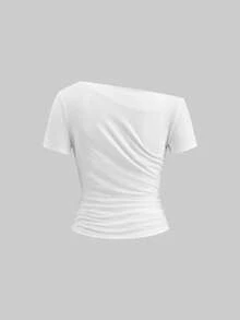 Ellevyn 女士褶皱修身不对称肩短袖上衣嘉年华服装女士夏季休闲上衣 - 彩色 - 查看 7