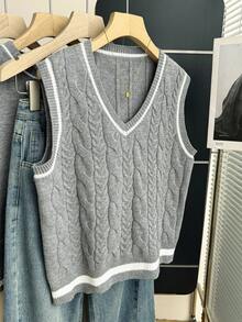 Franclia Áo vest dệt kim màu xám thiết kế tối giản mới dành cho nữ, thích hợp cho mùa xuân/thu. - Xám - Xem 6