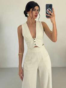 Firerie 2pcs Women Elegant Casual Minimalist Commute Office Daily Vacation V-Neck Sleeveless Blue & White Striped Vest & High Waist Wide Leg Straight Blue & White Striped Pants Set, Hawaii Vacation Outfit - Apricot - View 5