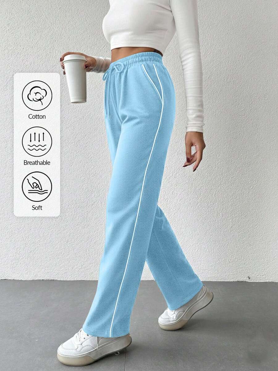 EURMUSE Women's Contrast Trim Drawstring Waist Casual Sweatpants - Baby Blue - View 1