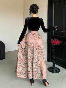 DAZY Đầm maxi nữ cổ chữ V phối màu bằng nhung, kiểu dáng thanh lịch với điểm nhấn eo. - Nhiều màu - Xem 4