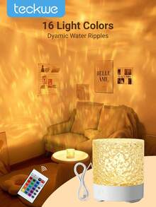 Teckwe Shape Round Night Light Crystal Table Lamp, Creative Bedside Lamp With Rotating Water Ripple Effect, Flame Atmosphere Light With 16 Colors And Remote Control, Bedroom RGB Remote Control Night Light With Rotating Water Ripple Design, Suitable For Room, Bedroom, Corridor Decor