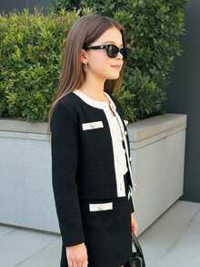 SHEIN Firerie Kids Tween Girl Black & White Patchwork Jacket & Mini Skirt Set - Black and White - View 3