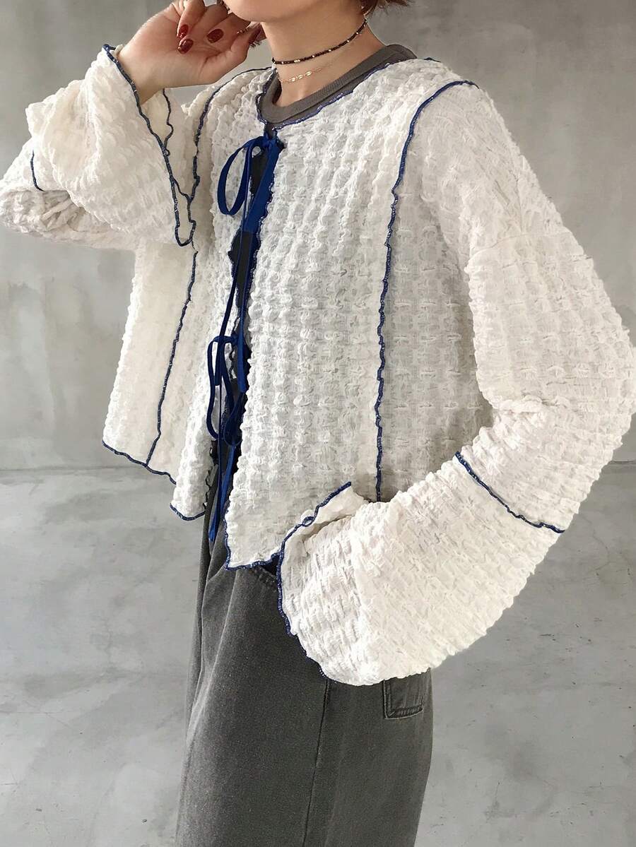 FRIFUL Women's Frill Trim Flare Sleeve Front Tie Loose Casual Blouse - Beige - View 1