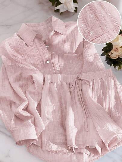 Airaco 2pcs/Set Shiny Sequin Casual Outfit For Women, Lightweight Versatile Summer Shirt And Wide Leg Shorts