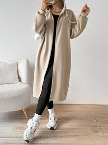 SHEIN EZwear 卡其色连帽夹克（带保暖衬里）女士秋冬款 - 卡其色 - 查看 4