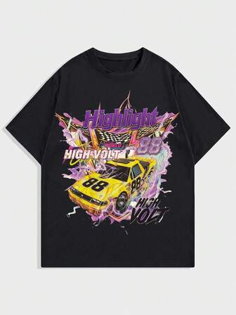 Anime T-shirt à manches courtes col rond avec lettres et graphiques de voiture, mode de rue pour hommes, été