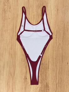 Swim SXY 2025款女士纯色性感吊带连体泳衣 - 酒紅色 - 查看 3