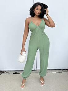 Alexandranx Women's Summer Halter Neck Backless Pocket Jumpsuit - Green - View 3