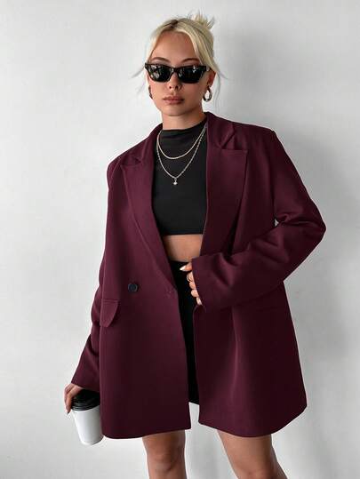 SHEIN PETITE Women's Casual Oversized Padded Shoulder Mid-Length Double-Breasted Blazer