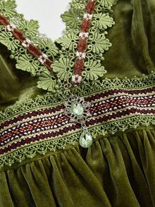 ROMWE Hippie Đầm slip cỡ lớn dành cho nữ, chất liệu nhung Pháp, viền ren. - màu xanh lá - Xem 4