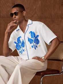 AKNOTIC 男士撞色短袖落肩休闲纽扣衬衫，适合夏季度假穿着，100% 男士度假装，衬衫，鹰形衬衫，Sumwon 巴拿马衬衫搭配 - 白色 - 查看 4