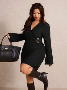 Elaquor Vestido envolvente de unicolor talla grande, adecuado para ir al trabajo - Negro - Ver 1