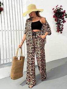 Cloudara Set da donna a due pezzi con stampa leopardata - top a 3/4 maniche con scollo aperto e pantaloni in vita alta con laccio, completo casual da relax - nero - Visualizzare 4