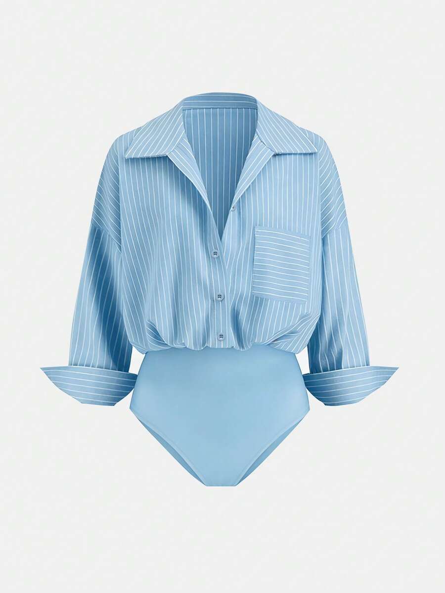 Airaco Women's Drop Shoulder Striped Casual Front Button Bodysuit