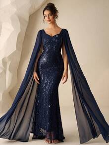 Coutiva Luxury Sequin Embellished Formal Gown, High-End Elegant Party Dress Navy Blue Formal Gown Elegant Evening Dress Gala Evening Gown Sparkle Formal Gown Formal Sequin Gown Valentines Dress Elegant Dress Sequin Dress Floral Dress Navy Blue Sequin Dress Blue Sequin Formal Dress Long Sleeve Formal Dress Blue Sparkly Dress Formal Evening Gown  Graduation Ceremony, School Opening, Music Festival, Birthday Party, Wedding, Afternoon Tea Gathering, Ball - Navy Blue - View 5