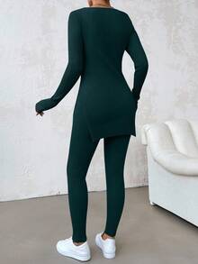 EURMUSE 2-częściowy damski komplet z okrągłym dekoltem, rozcięciem na dole, długim rękawem i obcisłymi spodniami