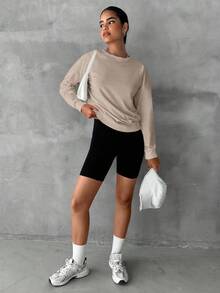 EURMUSE Cotton Solid Drop Shoulder Sweatshirt - Beige - View 4