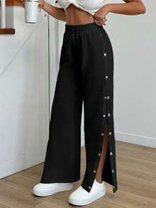 EURMUSE Cotton Wide Leg Side Detailed Sweatpant - Black - View 4