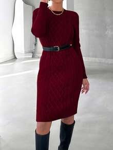 EURMUSE Women's Textured Round Neck Long Sleeve Fitted Knit Dress,Petite - Burgundy - View 5