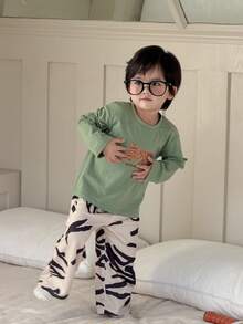 DAZY 2件套幼儿男童卡通老虎印花圆领长袖T恤和舒适家居服套装