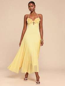 SHEIN BAE Đầm slip màu vàng đính hoa, đầm thanh lịch cho ngày Valentine, đầm vàng, đầm đi nghỉ mát, đầm sinh nhật, đầm dự tiệc - Màu vàng ngỗng - Xem 5