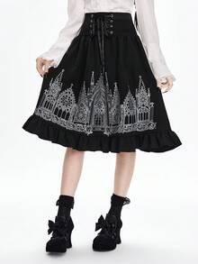 ROMWE Grunge Punk Chân váy nữ kiểu Gothic tối màu Y2K cạp cao in hình lâu đài thắt eo. - màu đen - Xem 1