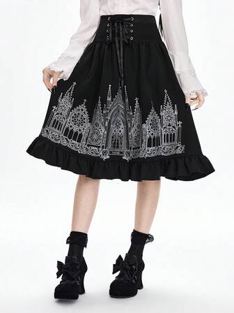 Grunge Punk Jupe gothique sombre à taille haute avec imprimé château et ceinture à nouer pour femmes
